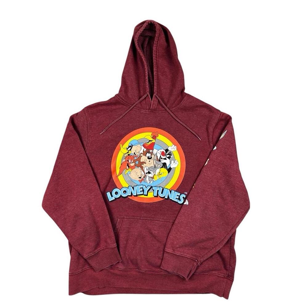 Looney Tunes Hoodie 2XL Red Warner Bros Character Graphic Sleeve Pullover - Picture 2 of 12